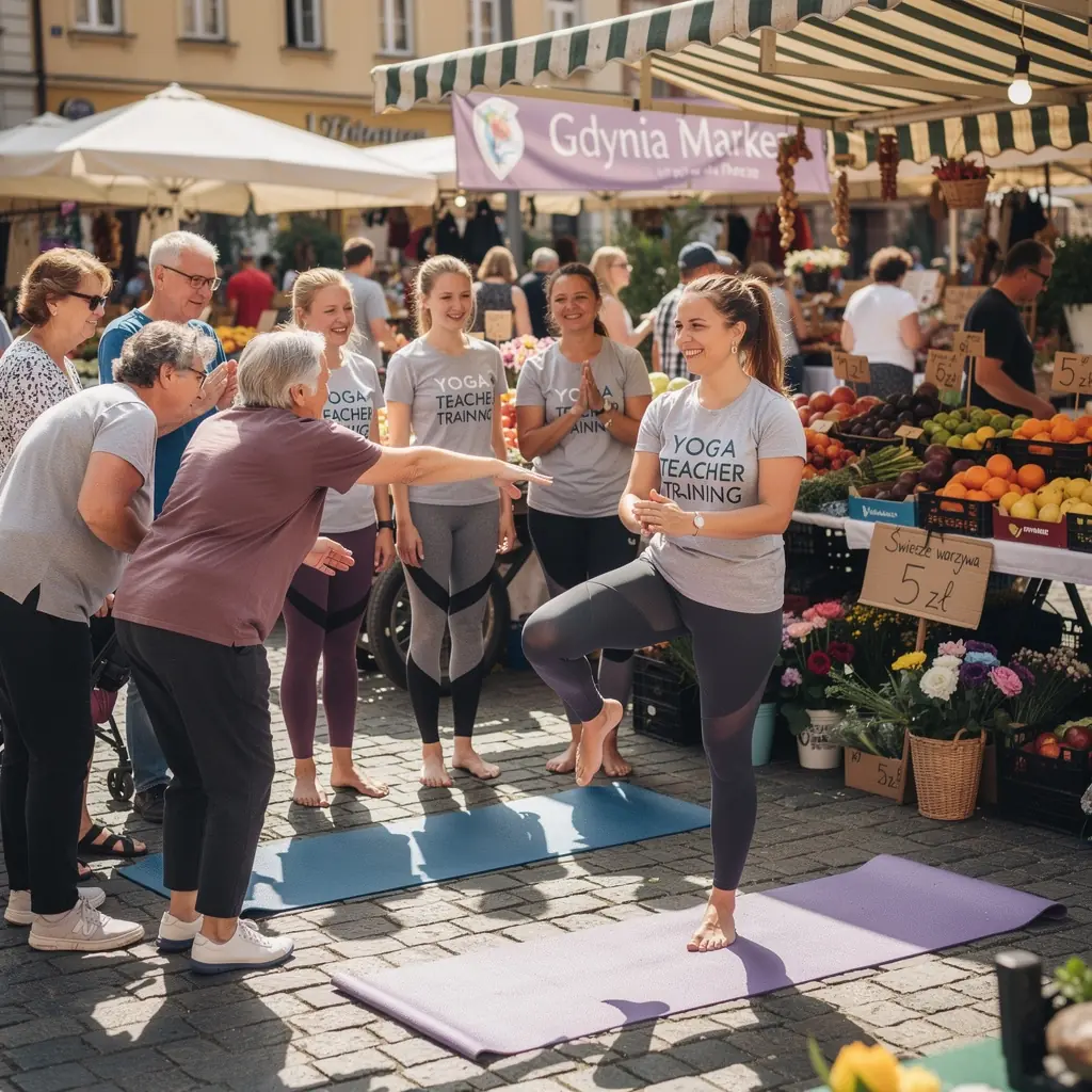 Grupa uczestników ćwiczących jogę na świeżym powietrzu.