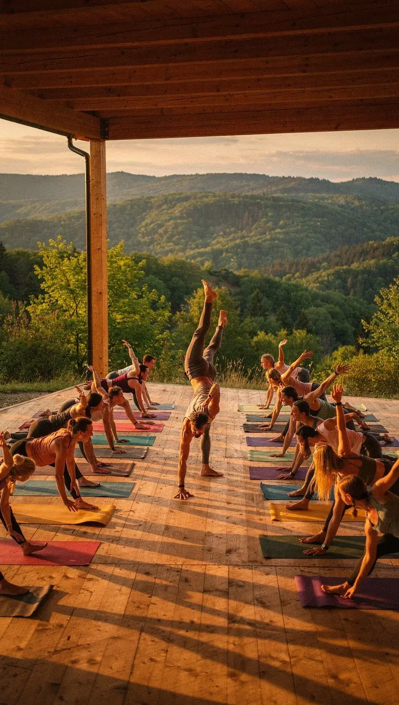 Zestaw akcesoriów do jogi, takich jak maty i bloki.