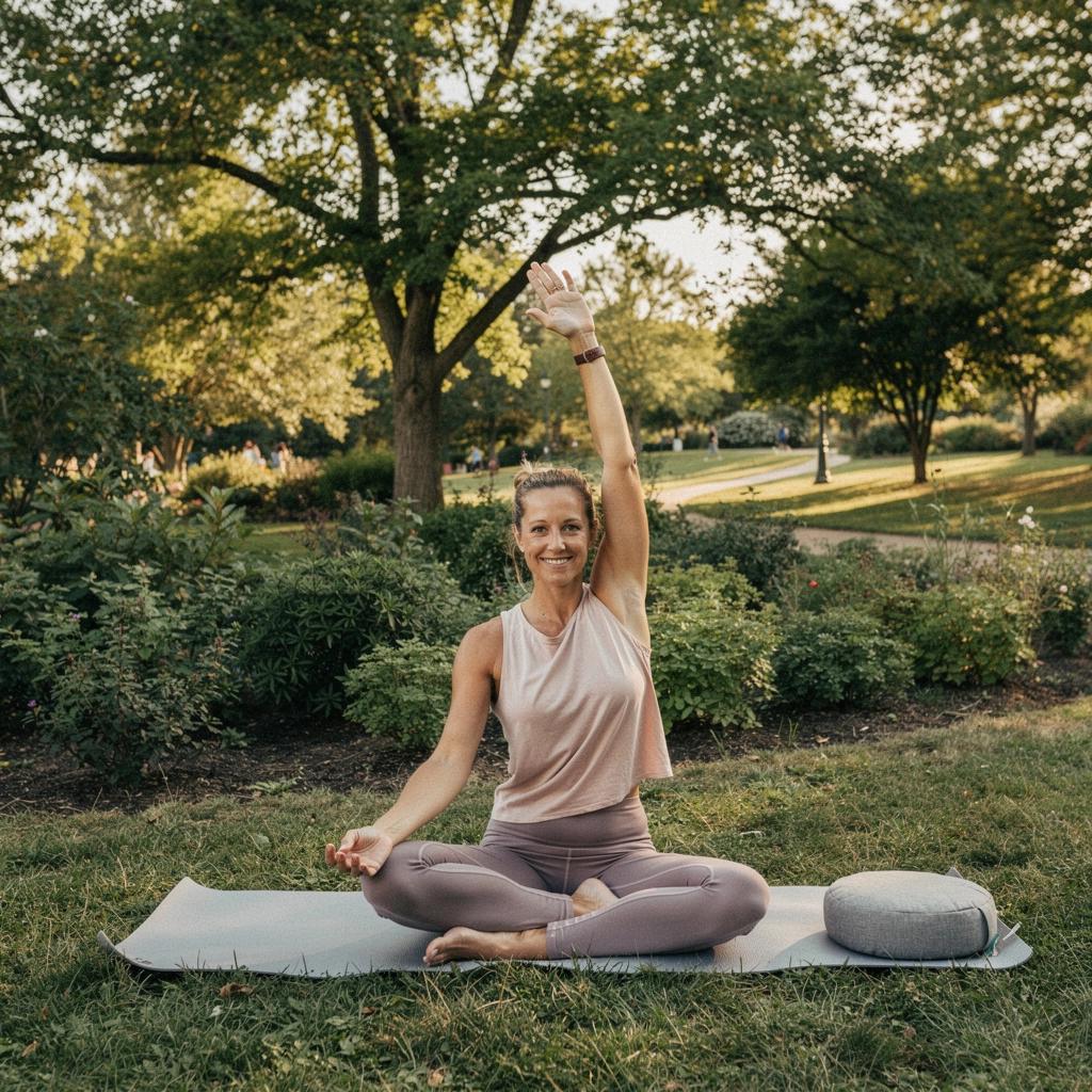 Grupa uczestników kursu jogi słuchająca wykładu w jasnej, przytulnej sali treningowej.