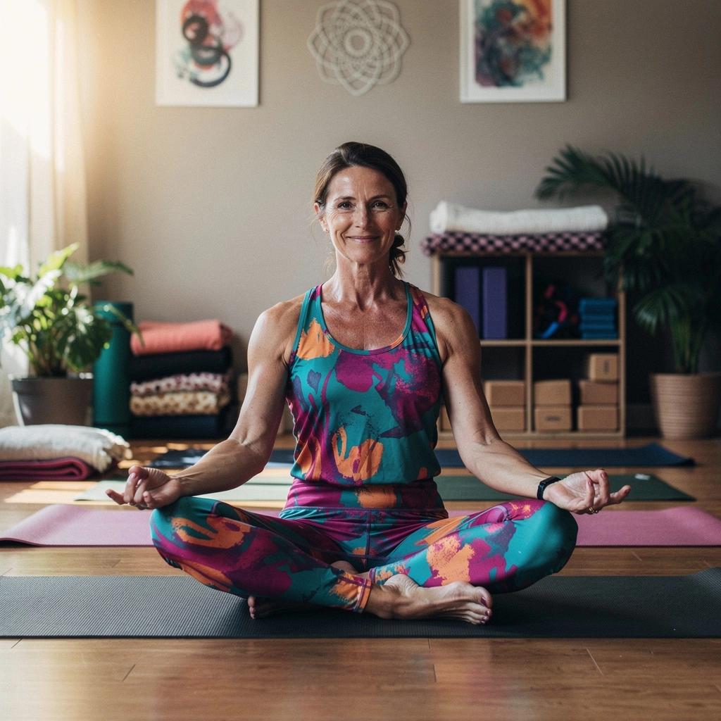 Uczestnicy praktykujący jogę w harmonijnym układzie na macie, w atmosferze spokoju i skupienia.